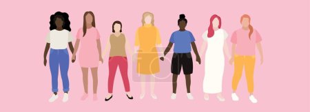 Group of different women on pink background