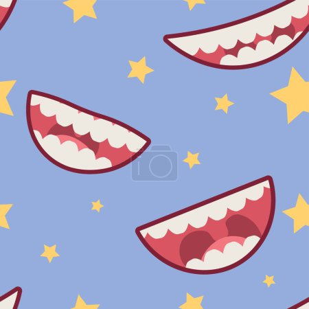 Illustration for Smiling mouths with stars on lilac background. Pattern for design - Royalty Free Image