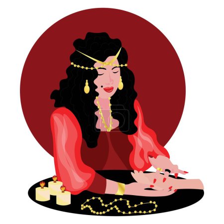 Illustration for Female chiromancer reading lines on human palm - Royalty Free Image