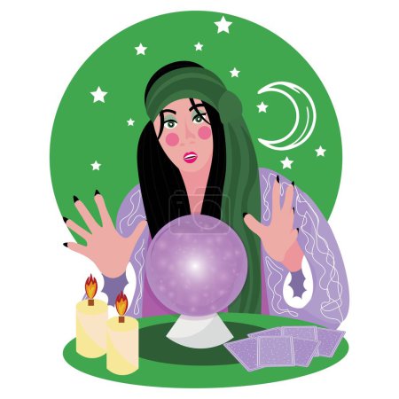 Illustration for Fortune teller with crystal ball and oracle cards on white background - Royalty Free Image