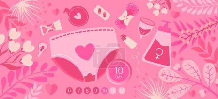 Illustration for Banner with different means of feminine hygiene on pink background - Royalty Free Image