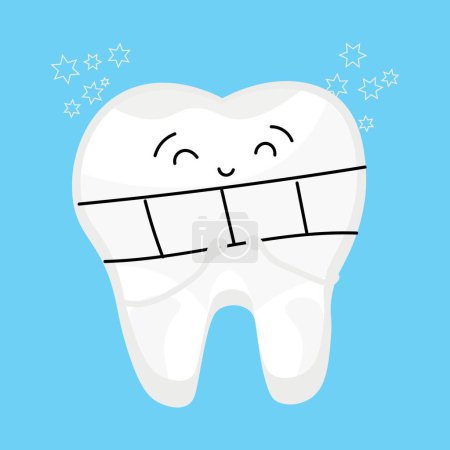 Illustration for Cute tooth with dental braces on light blue background - Royalty Free Image
