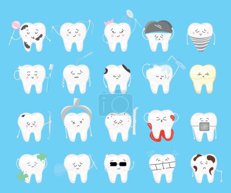 Ilustración de Set of many cute teeth on light blue background - Imagen libre de derechos