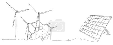 Téléchargez les illustrations : Panneau solaire dessiné et moulins à vent sur fond blanc - en licence libre de droit