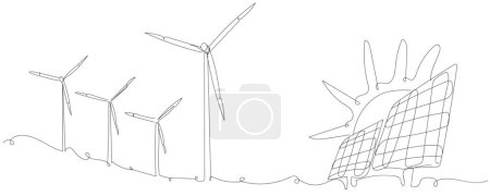 Téléchargez les illustrations : Panneaux solaires et moulins à vent dessinés sur fond blanc - en licence libre de droit