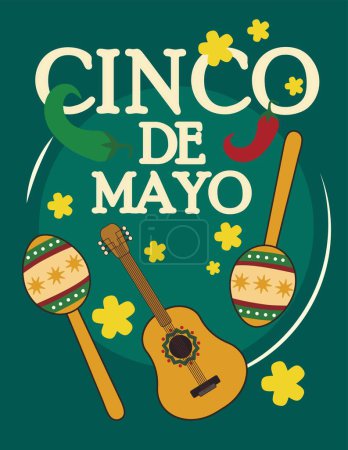 Téléchargez les illustrations : Carte de voeux pour la célébration Cinco de Mayo (espagnol pour le 5 mai) avec maracas, guitare et piment - en licence libre de droit