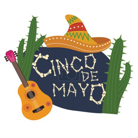 Téléchargez les illustrations : Texte CINCO DE MAYO (Espagnol pour le 5 mai), sombrero, cactus et guitare sur fond blanc - en licence libre de droit