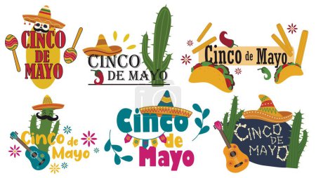 Téléchargez les illustrations : Jeu de cartes de voeux pour la célébration Cinco de Mayo (Espagnol pour le 5 mai) - en licence libre de droit