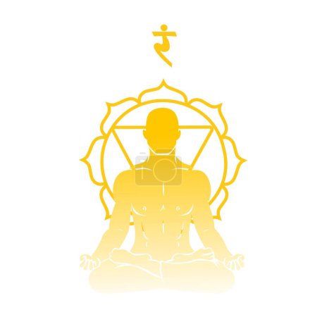 Illustration for Silhouette of meditating man and symbol of Manipura (solar plexus chakra) on white background - Royalty Free Image