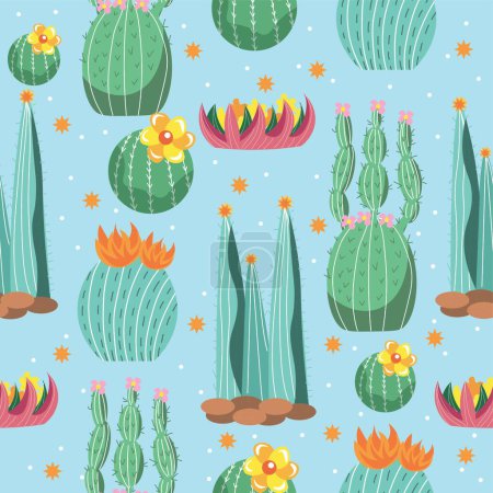 Téléchargez les illustrations : Différents cactus, fleurs et plantes succulentes sur fond bleu clair. Modèle pour le design - en licence libre de droit