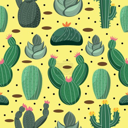 Téléchargez les illustrations : Différents cactus et succulents sur fond jaune. Modèle pour le design - en licence libre de droit
