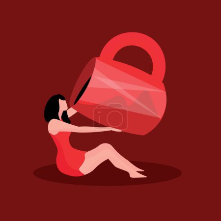 Illustration for Woman with big cup of coffee on red background - Royalty Free Image