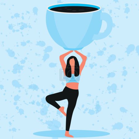 Illustration for Woman with big cup of coffee practicing yoga on light blue background - Royalty Free Image