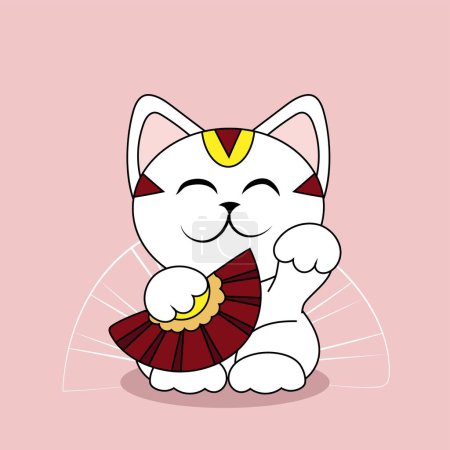 Illustration for Cute maneki neko (beckoning cat) on pink background - Royalty Free Image