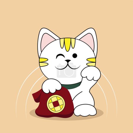 Illustration for Cute maneki neko (beckoning cat) on beige background - Royalty Free Image
