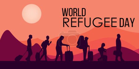 Ilustración de Siluetas de muchas personas con equipaje en las montañas. Banner para el Día Mundial del Refugiado - Imagen libre de derechos