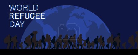 Silhouettes of many people with luggage and planet Earth on dark blue background. Banner for World Refugee Day