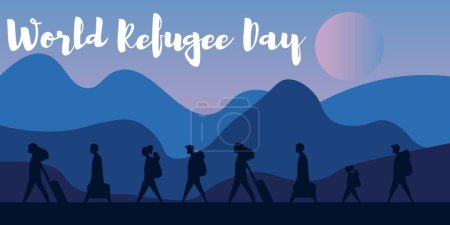 Illustration for Silhouettes of many people with luggage in mountains. Banner for World Refugee Day - Royalty Free Image
