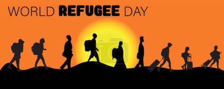 Téléchargez les illustrations : Silhouettes de nombreuses personnes avec des bagages. Bannière pour la Journée mondiale des réfugiés - en licence libre de droit