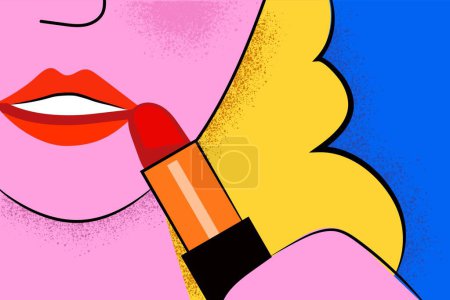 Téléchargez les illustrations : Femme élégante appliquant rouge à lèvres rouge, gros plan - en licence libre de droit