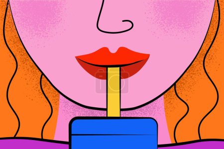 Téléchargez les illustrations : Femme élégante avec des lèvres rouges boire du jus, gros plan - en licence libre de droit