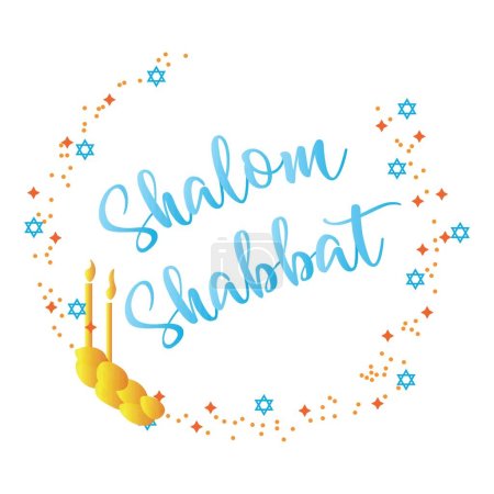 Ilustración de Texto SHALOM SHABBAT con pan de jalá sobre fondo blanco - Imagen libre de derechos
