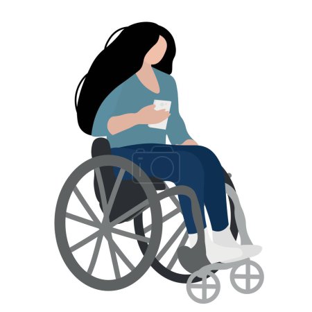 Téléchargez les illustrations : Femme avec téléphone portable assis en fauteuil roulant sur fond blanc - en licence libre de droit