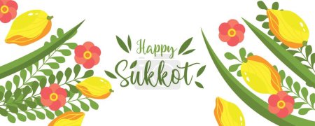 Illustration for Greeting banner with Sukkot festival symbols on white background - Royalty Free Image