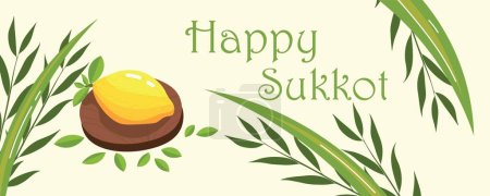 Téléchargez les illustrations : Bannière de salutation avec symboles du festival Sukkot sur fond clair - en licence libre de droit