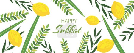 Téléchargez les illustrations : Bannière de salutation avec symboles du festival Sukkot sur fond blanc - en licence libre de droit