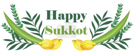 Greeting banner with Sukkot festival symbols on white background