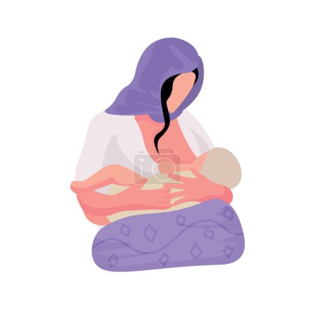 Illustration for Muslim woman breastfeeding her baby on white background - Royalty Free Image