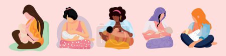 Illustration for Set of women breastfeeding their babies on light pink background - Royalty Free Image