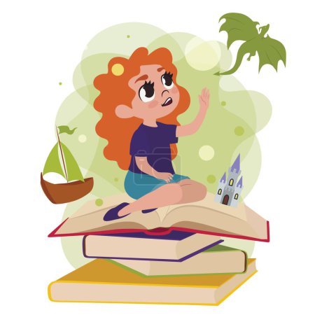 Ilustración de Niña con libros de magia sobre fondo blanco - Imagen libre de derechos