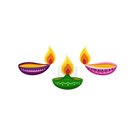 Téléchargez les illustrations : Lampes Diya pour les vacances indiennes Diwali (Festival des lumières) sur fond blanc - en licence libre de droit