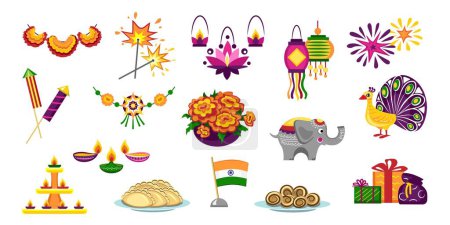 Téléchargez les illustrations : Ensemble de symboles Diwali sur fond blanc - en licence libre de droit