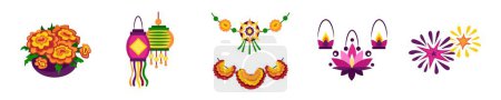 Téléchargez les illustrations : Ensemble de symboles Diwali sur fond blanc - en licence libre de droit