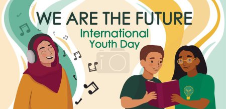 Téléchargez les illustrations : Bannière pour la Journée internationale de la jeunesse avec un groupe d'adolescents - en licence libre de droit