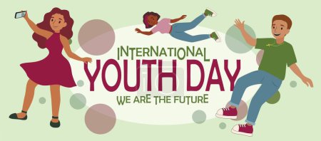 Téléchargez les illustrations : Bannière pour la Journée internationale de la jeunesse avec un groupe d'adolescents volants - en licence libre de droit