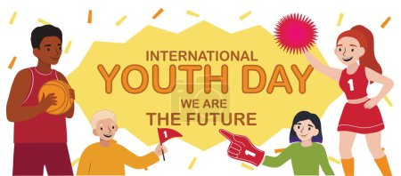 Téléchargez les illustrations : Bannière pour la Journée internationale de la jeunesse avec un groupe d'adolescents sportifs - en licence libre de droit