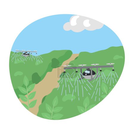 Illustration for Spraying agricultural drones over green fields - Royalty Free Image