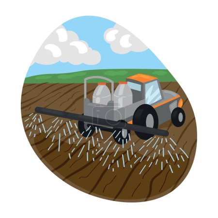 Illustration for Tractor irrigating plowed filed on spring day - Royalty Free Image