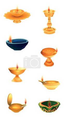 Ilustración de Set of diya lamps for Indian holiday Diwali (Festival of lights) on white background - Imagen libre de derechos
