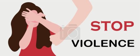 Mujer asustada, mano con puño cerrado y texto PARAR VIOLENCIA sobre fondo claro