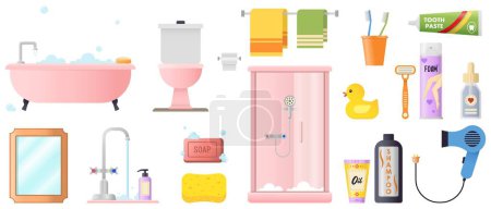 Illustration for Collage of sanitaryware with cosmetics and essentials on white background - Royalty Free Image