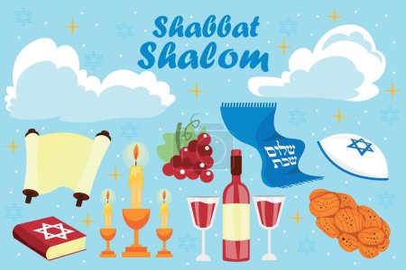 Ilustración de Banner para Shabat Shalom con símbolos sobre fondo azul claro - Imagen libre de derechos