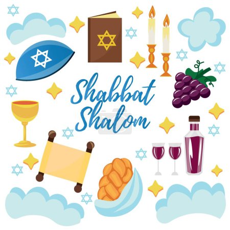 Banner für Shabbat Shalom mit Symbolen auf weißem Hintergrund