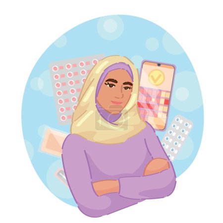 Illustration for Young Muslim woman with contraceptive methods on white background - Royalty Free Image