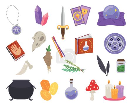 Illustration for Set of magic attributes for witchcraft on white background - Royalty Free Image