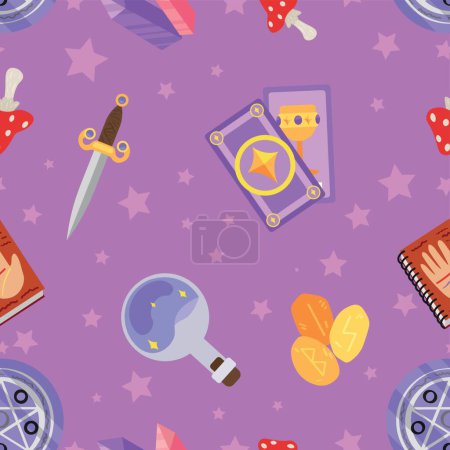 Illustration for Different magic attributes for witchcraft on lilac background. Pattern for design - Royalty Free Image